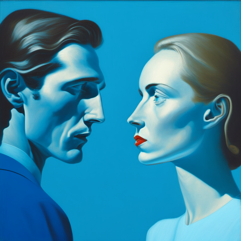 a painting of a man and a woman looking at each other with a blue background