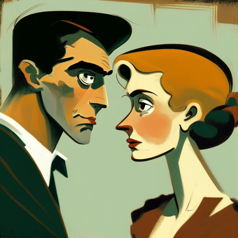 a painting of a man and a woman looking at each other with a cartoon style