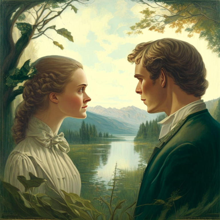 a painting of a man and a woman looking at each other with a nature background