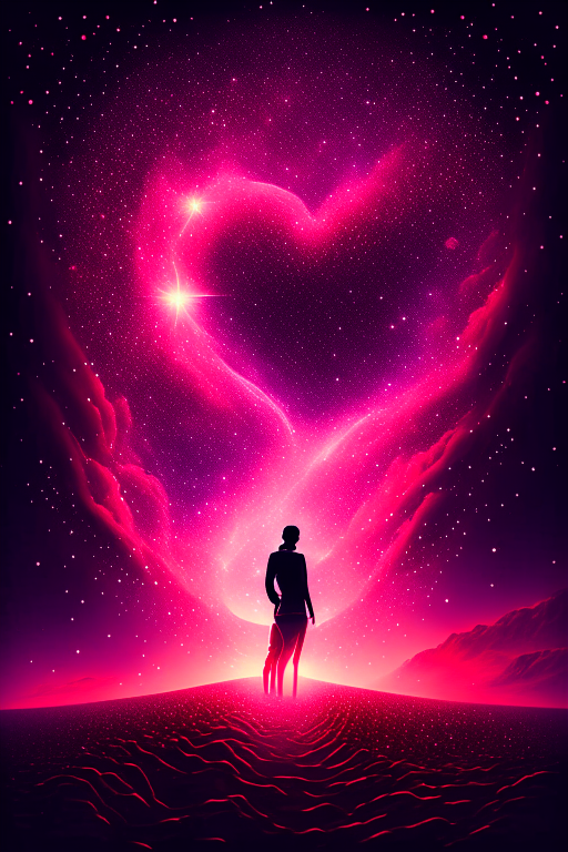 Generate a photorealistic image of a couple in love traveling towards infinity, demonstrating that true love lasts forever. Their bodies are surrounded by a red pink soft glow that symbolizes the energy and connection that binds them, stars and galaxies fade into the infinite horizon, symbolizing the idea of a love that transcends time and space. The textures in the image should reflect the majesty and vastness of the universe, with precise details of stars and cosmic formations. The image should convey a sense of hope, eternity, and the enduring strength of true love.