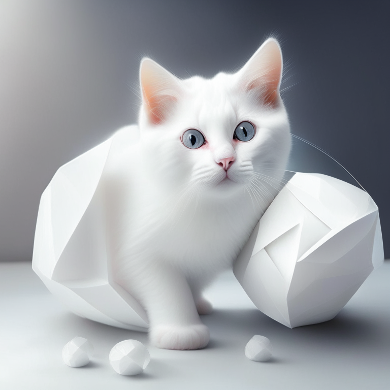 A cute white cat with white Origami ball enhanced photo  realistic 