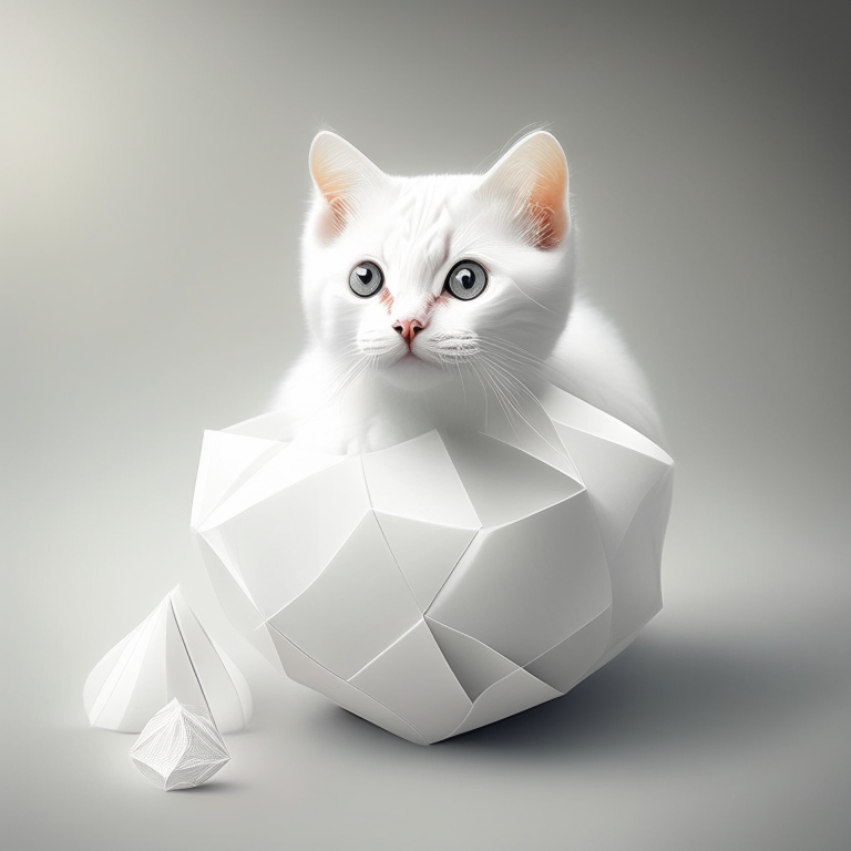 A cute cat with white Origami ball photo  detailed and high resolution 
