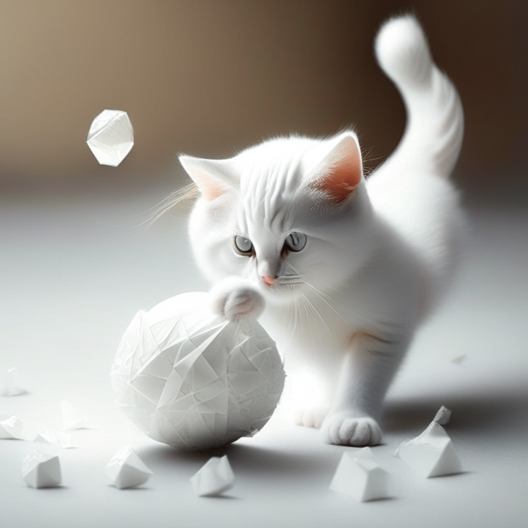 A cute cat playing with white Origami ball photo  detailed and high resolution 