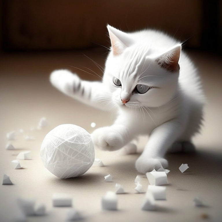 A cute cat playing with white Origami ball photo  detailed and enhanced 