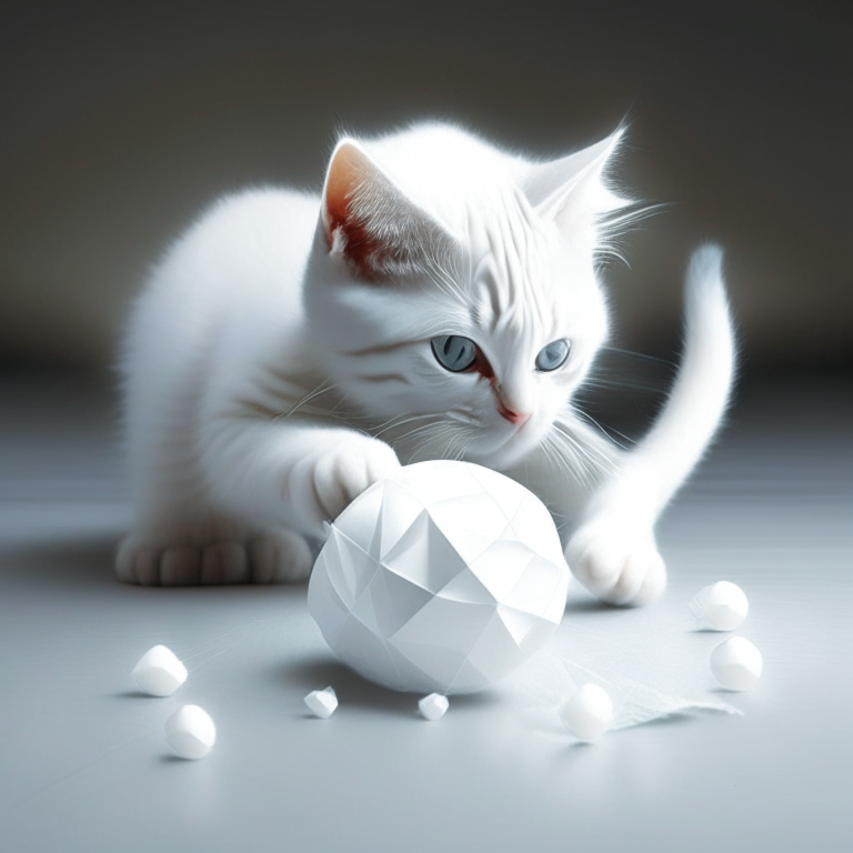 A cute cat playing with white Origami ball photo  detailed and enhanced 