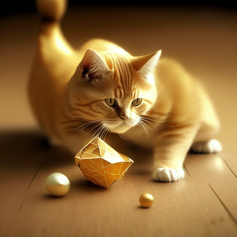 A cute gold British cat playing with Origami ball photo  detailed and enhanced 