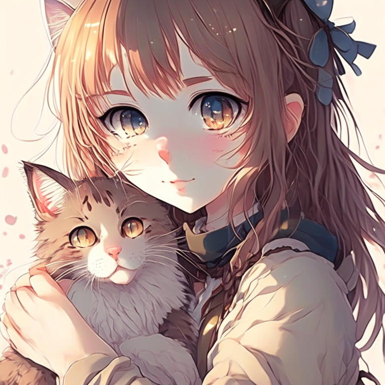 Anime girl with cute cat  detailed and enhanced 