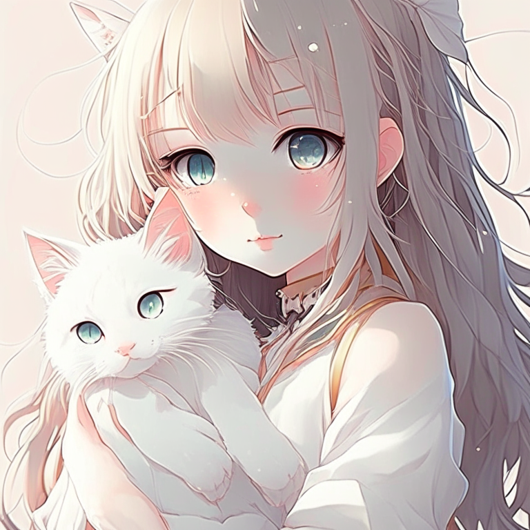 Anime girl with cute white kawaii cat  detailed and enhanced 