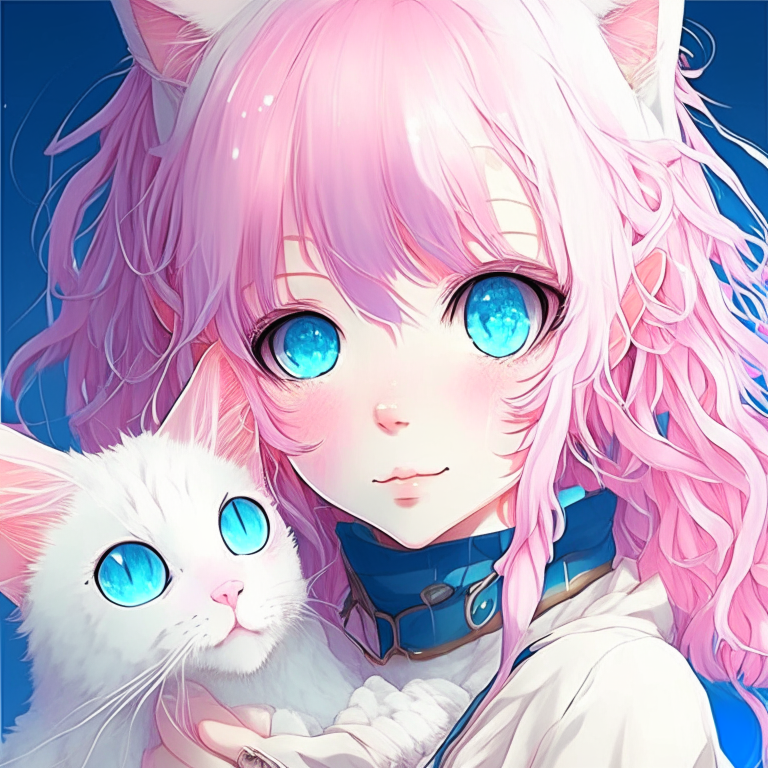 Anime girl with pink hair big blue eyes with cute white kawaii cat  detailed and enhanced 