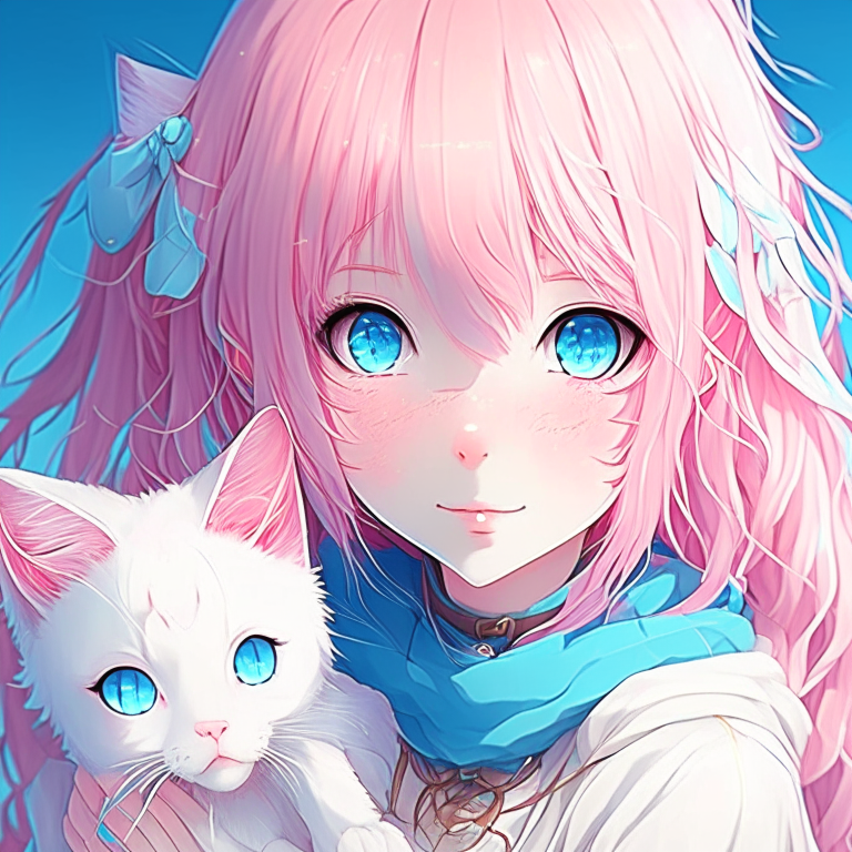 Anime girl with pink hair big blue eyes with cute white kawaii cat  detailed and enhanced 