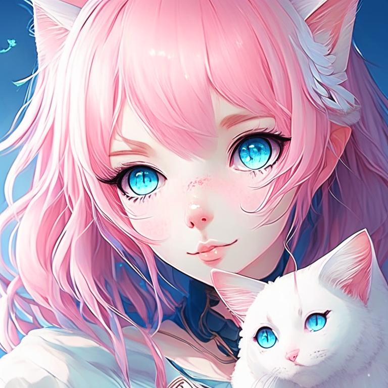Anime girl with pink hair blue eyes winged eyeliner with cute white kawaii cat  detailed and enhanced portrait 