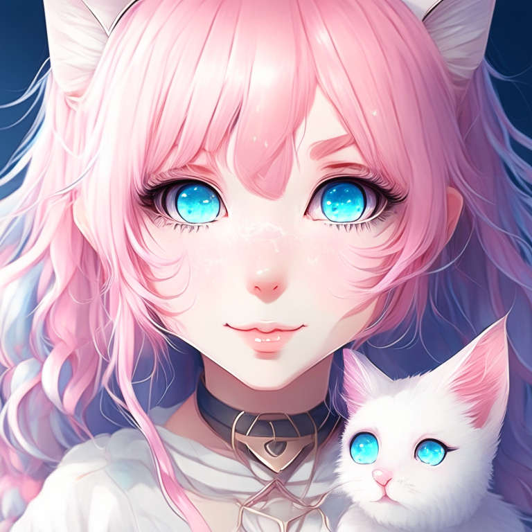 Anime girl with pink hair blue eyes winged eyeliner with cute white kawaii cat  detailed and enhanced portrait 