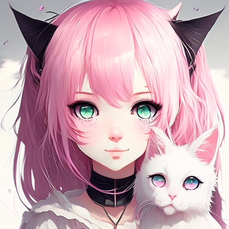 Anime girl with pink hair black eyes winged eyeliner with cute white kawaii cat  detailed and enhanced portrait 