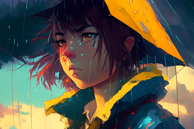 dark skies, thunderstorm, rain, bright sun, ghibli anime colors and style far cry 6 dani portrait