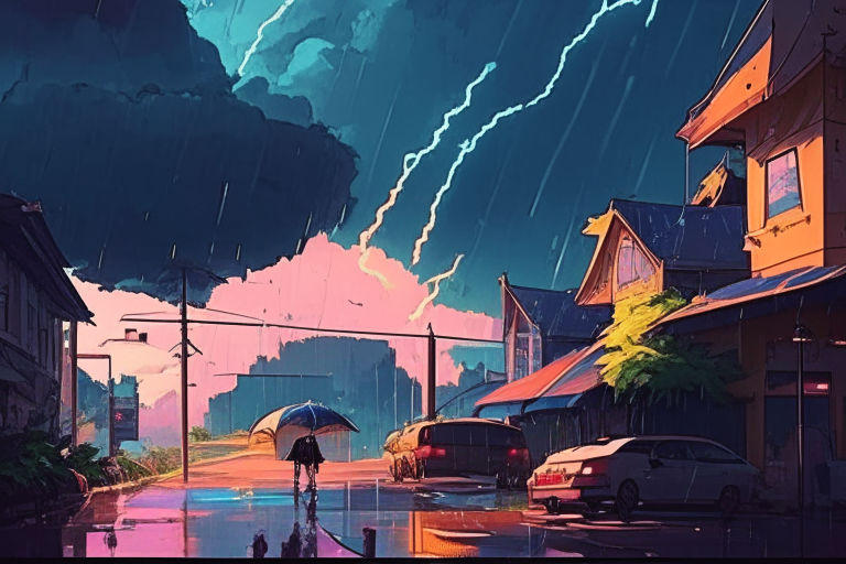 dark skies, thunderstorm, rain, bright sun, ghibli anime colors and style far cry 6 city scape