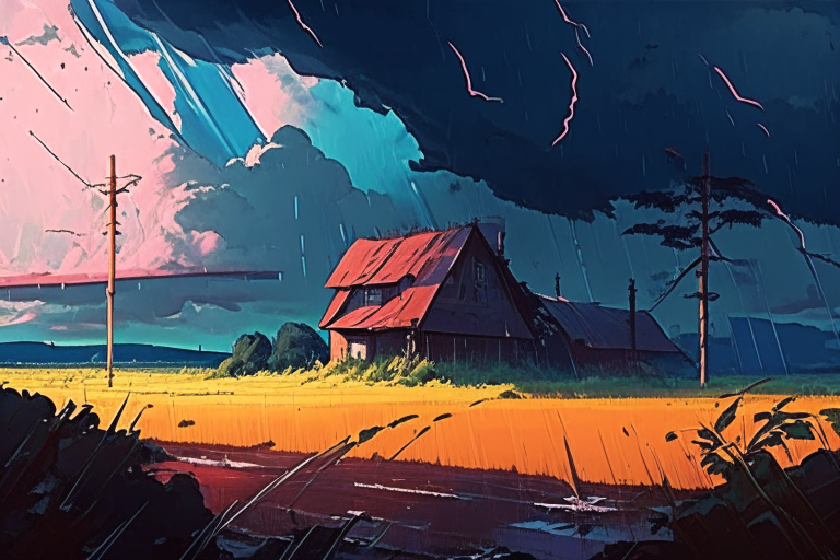 dark skies, thunderstorm, rain, bright sun, ghibli anime colors and style far cry 6 farms landscape