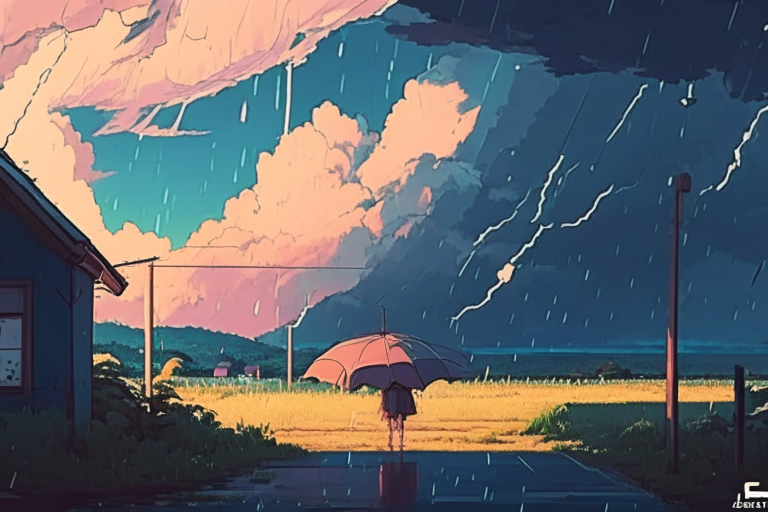 dark skies, thunderstorm, rain, bright sun, ghibli anime colors and style lo-fi grandpa landscape