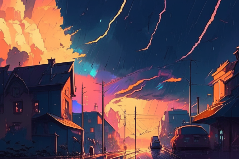 dark skies, thunderstorm, rain, bright sun, ghibli anime colors and style burning city landscape