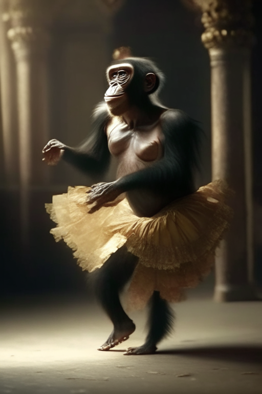 A chimpanzee is dancing with beautiful dress in cinematic visuals