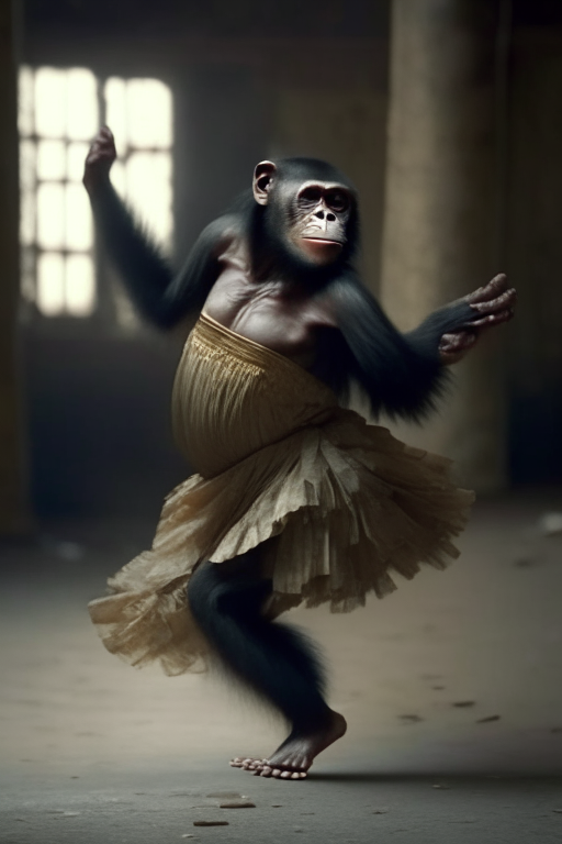 A chimpanzee is dancing with beautiful dress in cinematic visuals