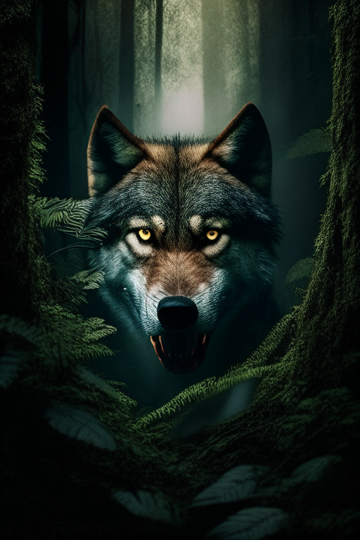 Lone Wolf facing front with teeth with in jungle 