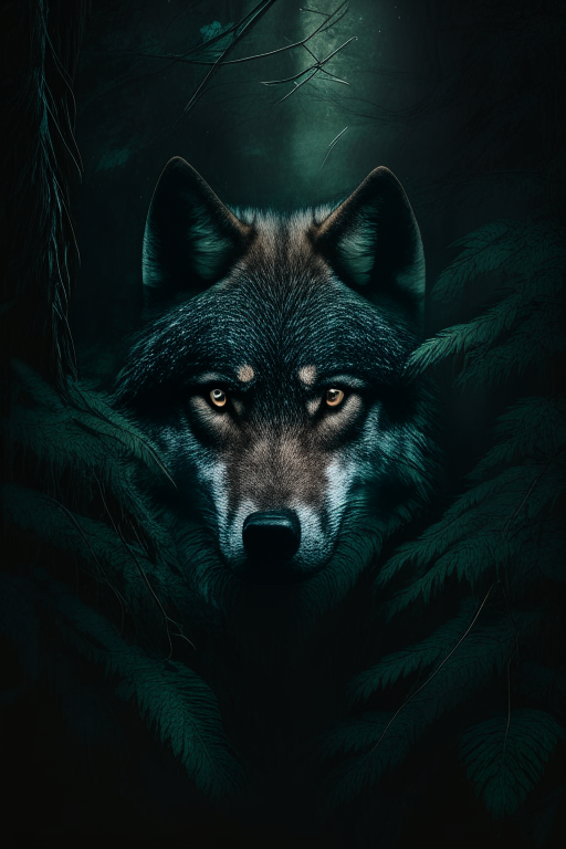 Wolf facing front in jungle dark moody