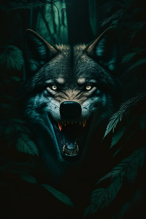 Wolf facing front teeth out in jungle dark moody