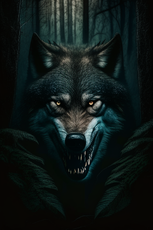 Wolf facing front with teeth in jungle dark moody