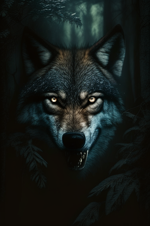 Wolf facing front with teeth in jungle dark moody