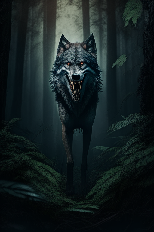 Full body Wolf facing front with teeth in jungle dark moody