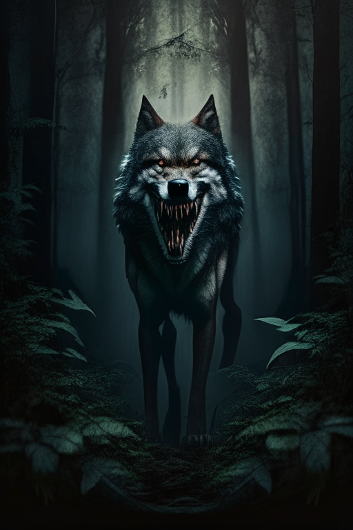 Full body Wolf facing front with teeth in jungle dark moody