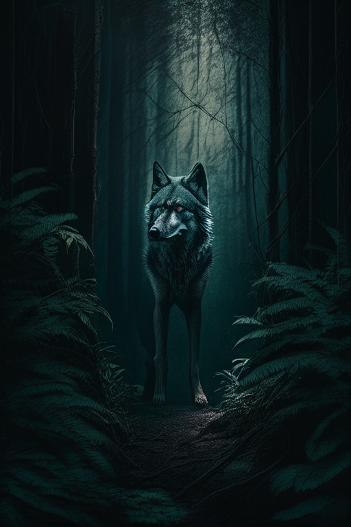 Full body Wolf looking in jungle dark moody