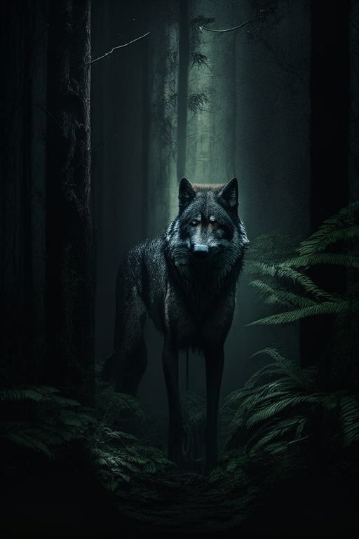 Full body Wolf looking in jungle dark moody
