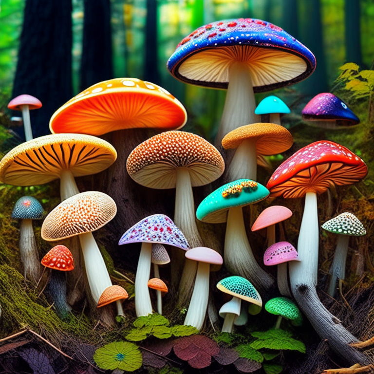 mushrooms of colors and sizes in nature
