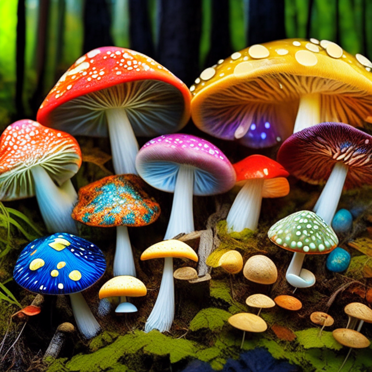 mushrooms of colors and sizes in nature