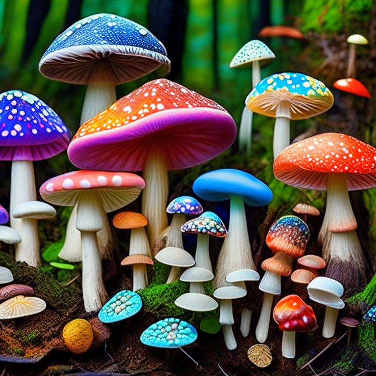mushrooms of colors and sizes in nature