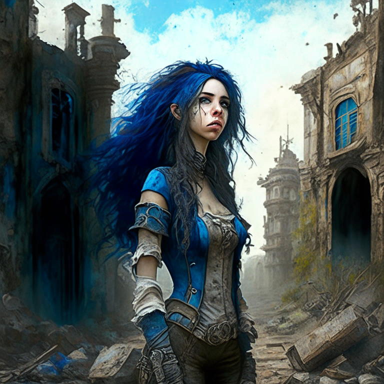 mujer con cabello largo y azul, cuerpo completo de pie en una escena de paisaje abandonado, ambiente de mundo abandonado, estilo de vestir steampunk, hiperrealista.