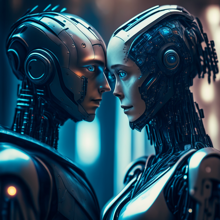 android robot couple looking toward the camera and touching, in the style of cyberpunk imagery, neo-academism, cryengine, hans zatzka, uhd image, distinctive noses, light navy