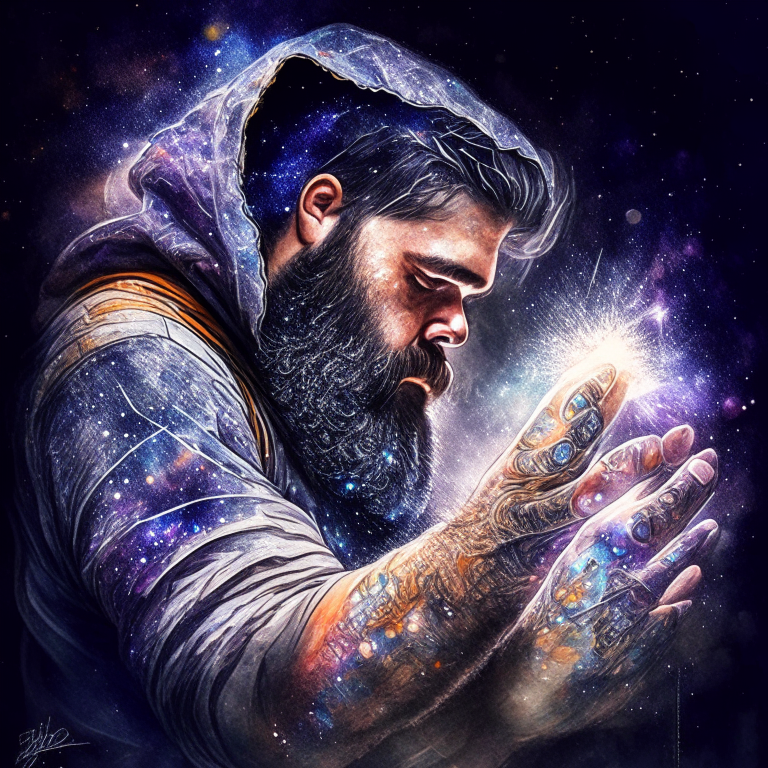 hombre barbudo encapuchado sosteniendo electricidad en la mano, polvo de estrellas cósmicas, galáctico, uhd, hdr, 8k, maximalista