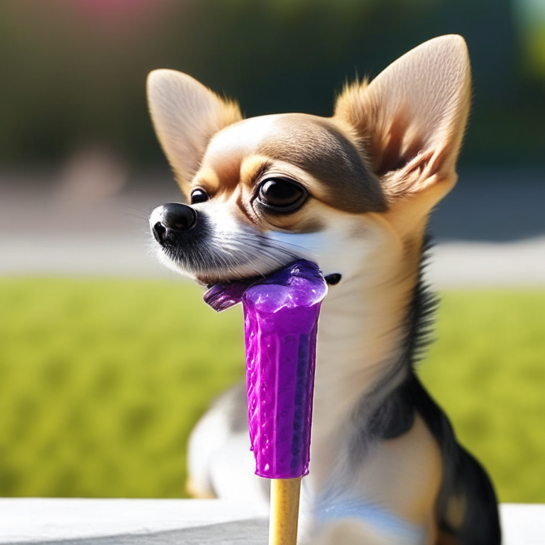 a Chihuahua enjoying a grape popsicle on a sunny day