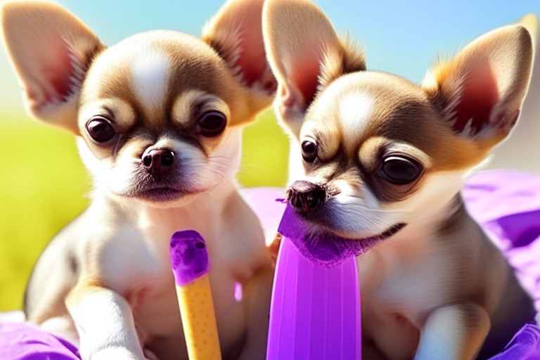 Chihuahua puppies enjoying grape popsicles on a sunny day