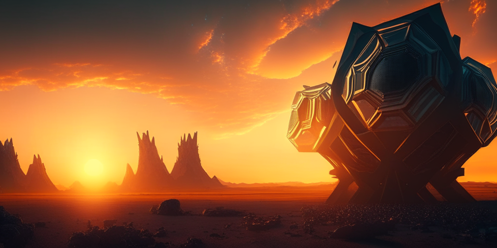 a digital matte painting of a Hexacore Megalithic Alien World megastructure at sunset, 21:9, epic, sci-fi, futuristic, detailed, masterpiece