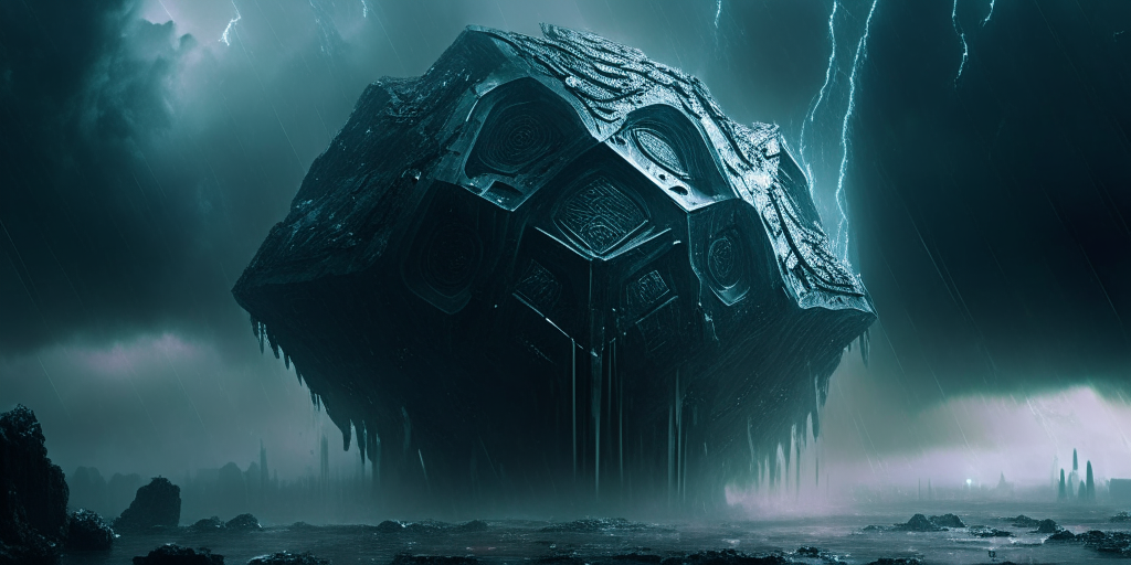 a digital matte painting of a Hexacore Megalithic Alien World megastructure in a storm, 21:9, epic, sci-fi, futuristic, detailed, masterpiece