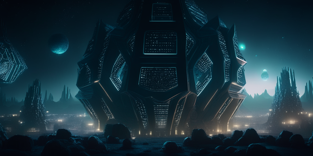 a digital matte painting of a Hexacore Megalithic Alien World megastructure at night, 21:9, epic, sci-fi, futuristic, detailed, masterpiece