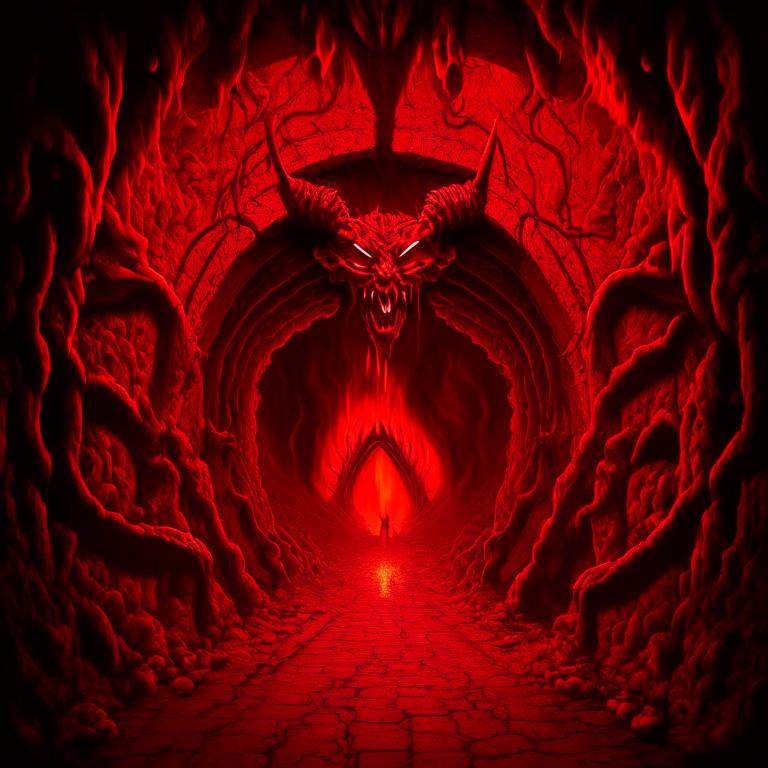 nether portal tunnel to inferno evil realm, red toned, red imp demon