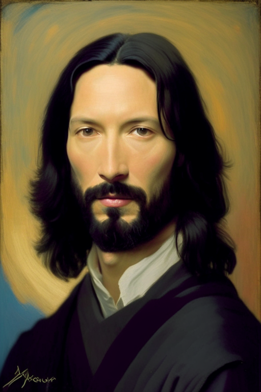 painting of keanu reeves with beard in the style of mona lisa