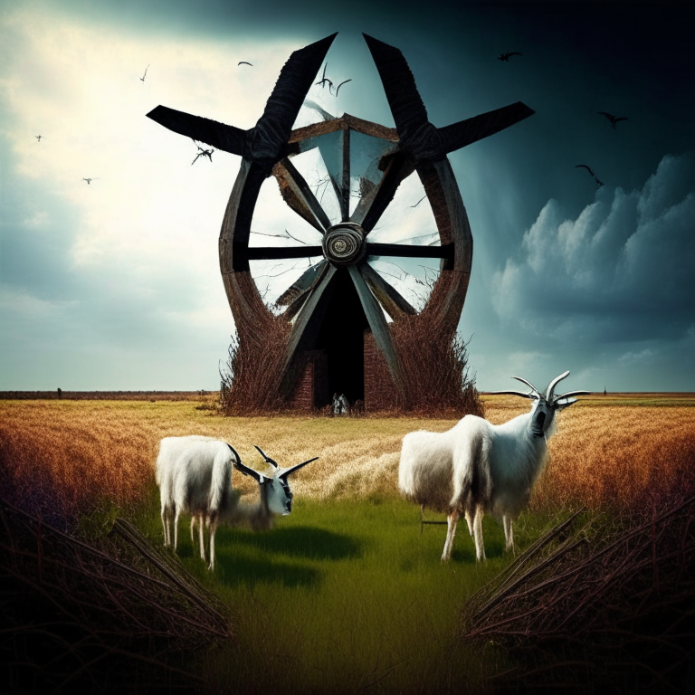 Nether portal in a windmill field goats