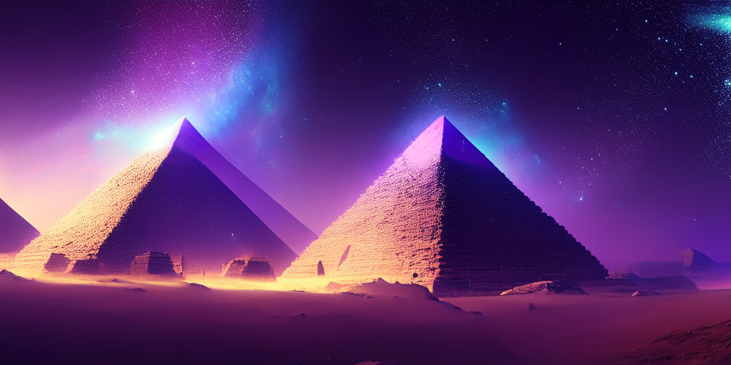 aurora borealis above the Great Pyramids of Giza, cinematic shot, volumetric light, pastel colors, dusk, medium contrast, high exposure, dramatic perspective, detailed concept art, magical realism, glitter on canvas, detailed matte painting, variation 1