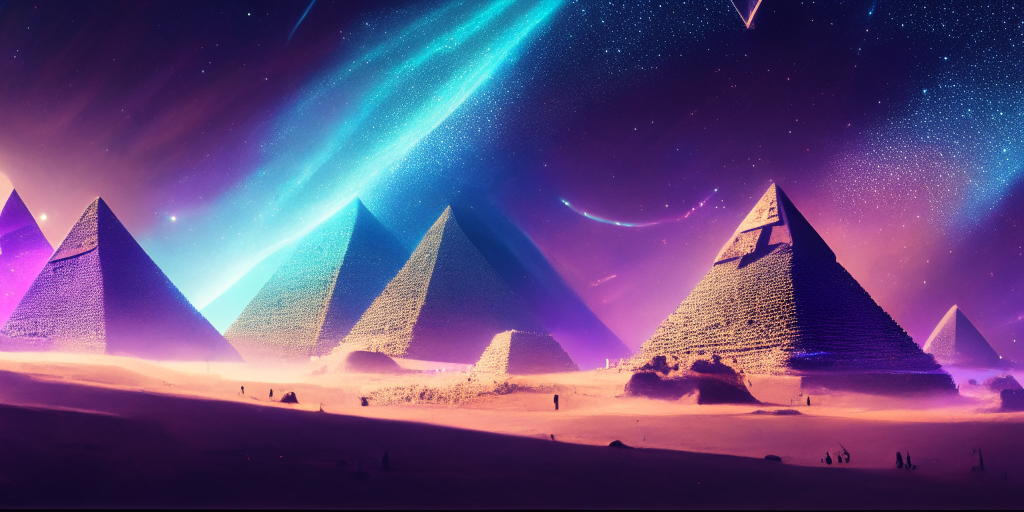 aurora borealis above the Great Pyramids of Giza, cinematic shot, volumetric light, pastel colors, dusk, medium contrast, high exposure, dramatic perspective, detailed concept art, magical realism, glitter on canvas, detailed matte painting, variation 3