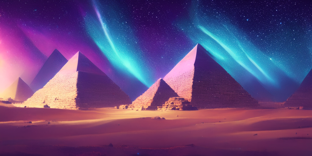 aurora borealis above the Great Pyramids of Giza, cinematic shot, volumetric light, pastel colors, dusk, medium contrast, high exposure, dramatic perspective, detailed concept art, magical realism, glitter on canvas, detailed matte painting, variation 2